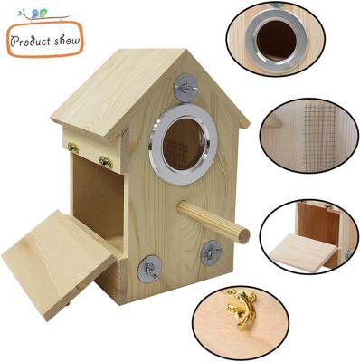 China Breathable Original Wood Color Pine Parrot Bird's Nest Rustic Wooden Breeding House Outdoor for sale