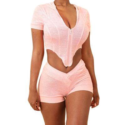 China 2021 Women Clothing Breathable Irregular Short Sleeve Pink Crop Top Hoodie And Casual Shorts 2 Piece Sets for sale