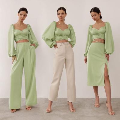 China New Style Juliet Drop Long Sleeve Breathable Solid Slim Crop Top Satin 2 Piece Skirt Set For Women for sale