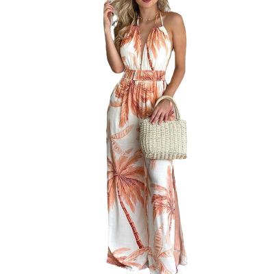 China Fashion Summer Breathable Print Plus Size Jumpsuits Sleeveless Sexy Halter Backless Wide Leg Pants Women One Piece Boho Beach Overalls for sale