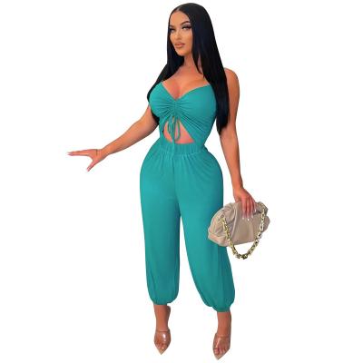 China Breathable Fashion Solid Color Plus Size Overalls Summer V-Neck Hollow Out Sleeveless Wide Leg Overalls One Piece Women for sale