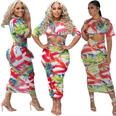 China New Arrival 2022 Breathable Plus Size Women Clothing Summer Print Short Sleeve Skirt Top Slim Two Piece Set for sale