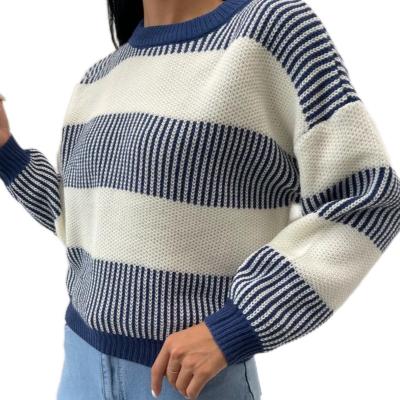 China Anti-wrinkle autumn winter contrast top striped color loose sweater knitted sweater women for sale