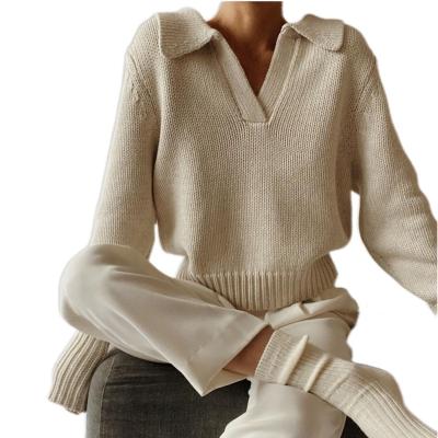 China Anti-wrinkle Autumn And Winter Fashion Pure Color V-neck Sweater Women's Knitted Casual Sweater for sale