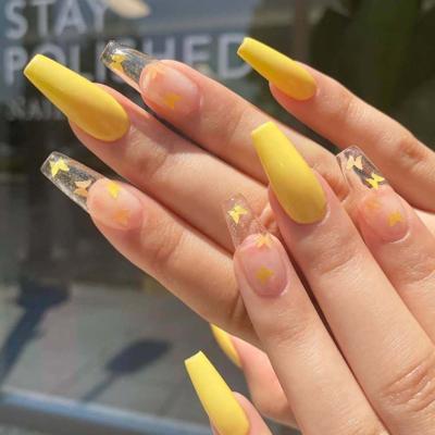 China Bodybuilder 24pc Set Long Ballerina Fake Nails Butterfly Pattern Yellow Square Decal Fake Nails Coffin Shaped Full Nail Tips With Glue for sale