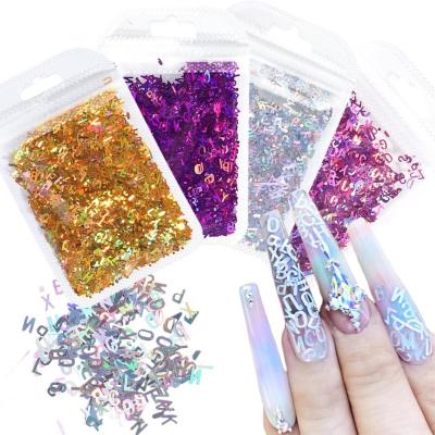 China Nail Polish Art Decorations Manicure Nail Art Glitter Sparkly 3D Laser Letter Flakes DIY Tips Nal Art Decoration Holographic Letter Flakes for sale