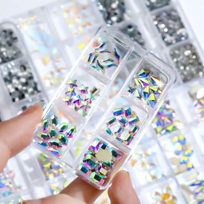 China Nal Art Decoration 60 Square Large GemsTransparent Box Mixed Aurora Nail Rhinestone Mirror Stone Nail Flat Rhinestone 6 Grid for sale