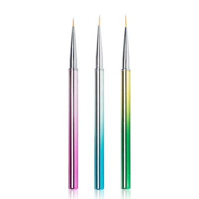 China Thin Handle 3 Pcs Colorful Metal Ombre Nail Art Brush Gradient Nylon Hair Painting Line Detailing Art Liner Brush for sale