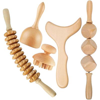 China New Assembly Natural Wood Lymphatic Massage Tool Detoxification Wooden Body 5 In 1 Massage Stick Relieve Fatigue Wooden Massage Tool for sale