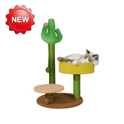 China Cheap Sustainable Cat Condo Hammock With Large Post Scratch House Outdoor Multilevel Wooden Cat Tree Tower Cactus for sale