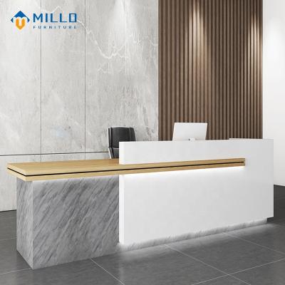 China Marble Look Reception Customized Modern Simple Design Hair Salon Front Reception Desk Led Marble Office Reception Counter for sale