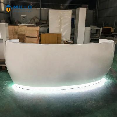 China High Glossy White Curved Shape Reception Desk Counter Customized Beauty Salon Front Desk Reception Desk With LED Light for sale