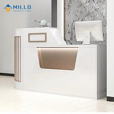 China Modern Front Desk Simple Design Clothing Store Front Desk Beauty Salon Led Customized High Quality White Reception for sale