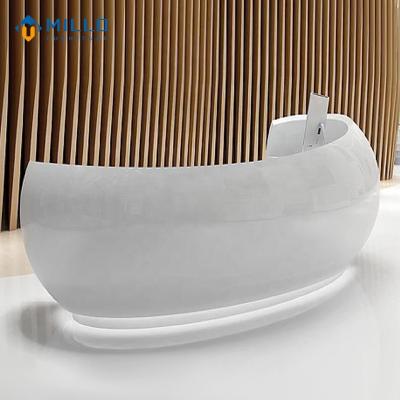 China Modern White Living Room Front Desk Reception Counter Counter Custom Curved Shape Spa Reception Desk With LED Light for sale