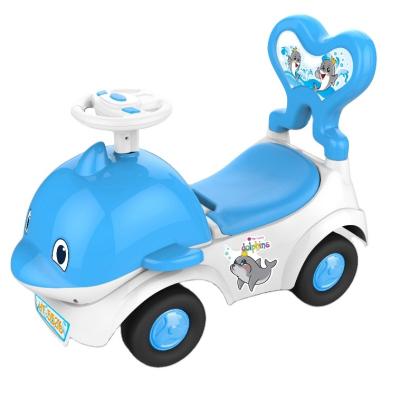 China Newest Baby Kid Bike Scooter Plastic Car Toy Learn Music Steering Wheel Driving Blow Bubble Dolphins To Slide Ride On Car HT-5526 for sale