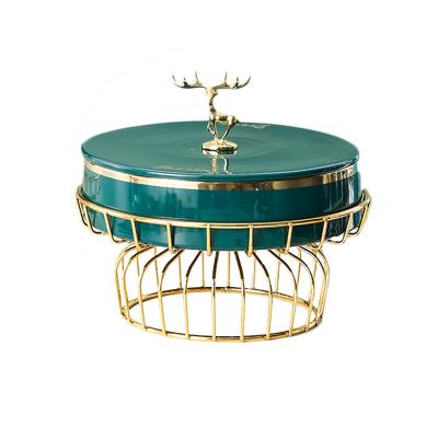 China Sustainable Lightweight Luxury With Cover Elk White Gold Compartment Fruit Bowl With Gold Iron Frame for sale