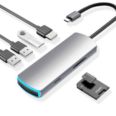 China Aluminum Alloy 6 in 1 USB Type C Hub USB 3.0 Hub with HD 4K@30Hz USB3.0 SD/TF Card Reader for Macbook Huawei Matebook for sale