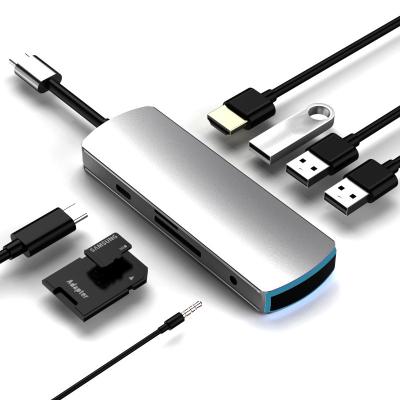 China Aluminum Alloy 8 in 1 USB C Hub Adapter with 4K HD 100W Power Supply USB 3.0 5Gbps Data Ports microSD and SD Card Reader for sale