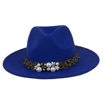 China British European and American Style Women's Top Hat Party Jazz Blue Leopard Ribbon Fedora Wool Hat With Pearl for sale