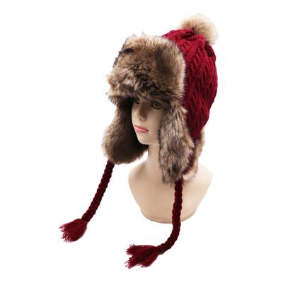 China COMMON Unisex Winter Outdoor Acrylics Knitted Thicken Fur Ski Earflap Russian Trapper Hat Warm Faux Fur for sale