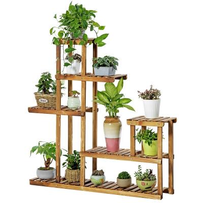 China Large Garden Stairs Plant Pots Display Stand Modern Outdoor Bamboo Rack Ladder Commercial Flower Racks for sale