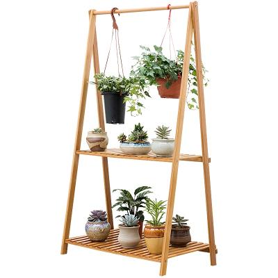 China Stocked 2021 New Styles Hanging Flower Pot Rack Bamboo Storage Shelf Garden Flower Plant Stand Corner Shelves for sale