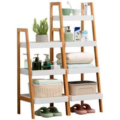 China Hot Selling Wooden Floor Standing Rack Toilet Bathroom Storage Bamboo Wooden Backup Shelf Viable No Drilling for sale