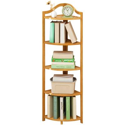 China Free Standing Bamboo Wood Study Storage Shelf Fan Design Bookcase Corner Bamboo Book Rack Shelf for sale