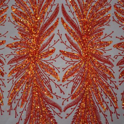 China Sustainable High quality African lace fabric, red mesh beaded sequins, lace printed fabric for sale