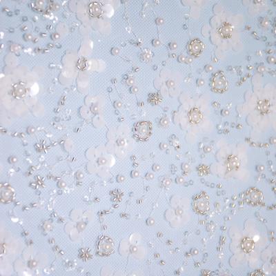 China Sustainable Luxury Beaded Wedding Gauze Mesh Embroidery Crystal Sequins Bridal Dress Lace Fabric for sale