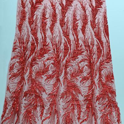 China Sustainable Red mesh fabric, colorful sequins, polyester, luxurious high-end bridal dress, printed fabric for sale