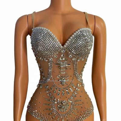 China INNOIN Sexy Mesh Bar Singer Performance Costume Sexy Leotard Stage Wear Rhinestone Stretch Tassel Jumpsuit for sale