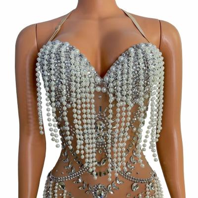 China Sexy Dancer Stage Wear O Mesh Net Perspective Crystal Dress Elastic Women Rhinestone Tassel Shiny Dance Costume Women for sale