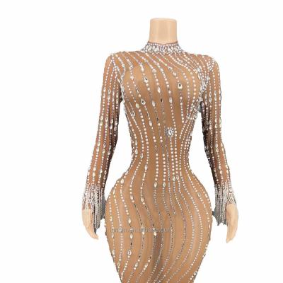 China Sexy Dancer Stage Wear O Mesh Net Perspective Crystal Dress Elastic Women Rhinestone Tassel Shiny Dance Costume Women for sale