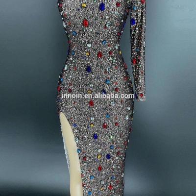 China New Women Dresses Transparent Sparkly Silver Rhinestone See Through Mesh Outfit Women Prom Party Dance Birthday Celebrate Dress for sale