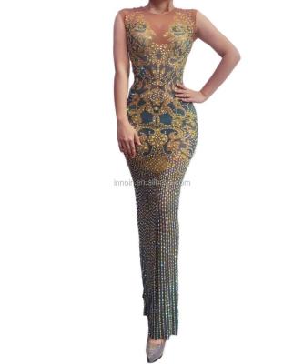 China Sexy Gold Printing Spandex Rhinestone Dress Women Nightclub Dance Mesh Long Dress Big Stretch Shinning Skinny Dress for sale