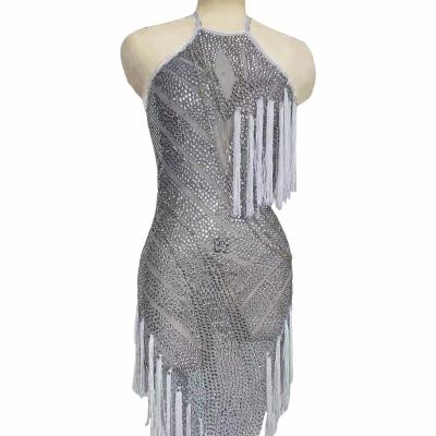 China Dresses Fashion Rhinestone Black Fringes See Through Dress Birthday Celebrate Dress Prom Outfit Bar Woman Dance Dress for sale