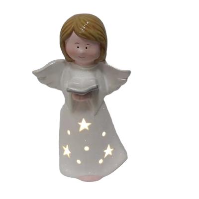 China Ceranic 2022 White Christmas Angel Number Ornaments Christmas Decor Home Decor Seasonal Ceramic Ware Decor with LED Light for sale