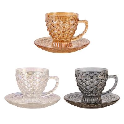 China Coffee Dish Tray Household Coffee Mug Traditional Glass Etched Flower Cup Fish Scale Embossed Mug With Saucer for sale