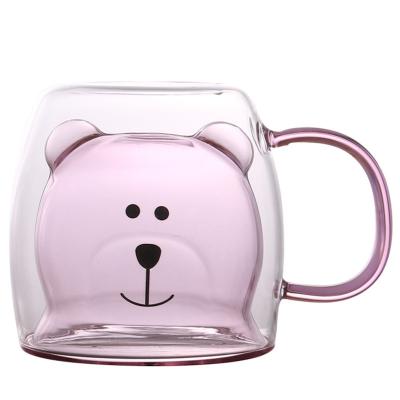 China Cute Double Layer Cartoon Cup Bear Shape Household Coffee Mug Viable Glass Cute Office Breakfast Milk Cup With Handle for sale