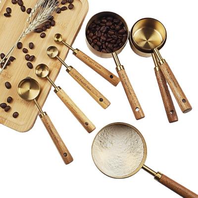 China japanese style coffee cup and saucer wooden ice cream measuring spoon set stainless steel bamboo cooking spoons baking tools measure wooden measuring spoon for sale