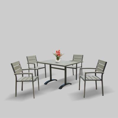 China Plastic Wood Aluminum Frame Powder Coated Plastic Wood Dining Stacking Dining Chair Set for sale