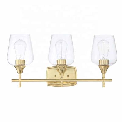 China Contemporary Hot Selling 3 Lights Glass Vanity Bathroom Vanity Wall Light Gold Modern LED Wall Lamp Indoor Wall Light for sale