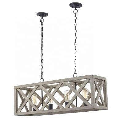 China New Farmhouse Design Hanging Lights Dining Room Lantern 4-Light Wood Modern Chandelier for sale