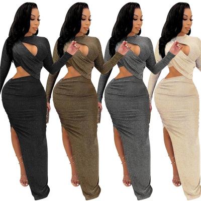 China 2022 Summer Fashion Solid Dress Hollow Anti-Wrinkle Long Sleeve Anti-Wrinkle Stacked Dresses Sexy Side Split Dress For Women for sale