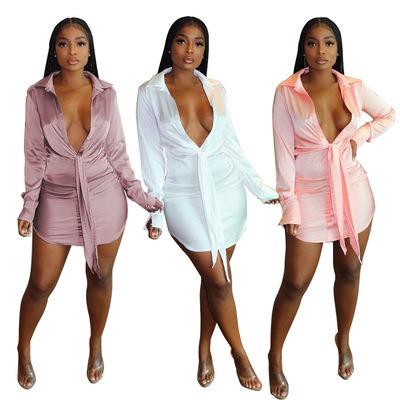 China 2021 Hot Selling Breathable Solid Women's Shiny Deep V Shirt Dresses Full Sleeve Bandage Casual Dress Summer Mini Dress for sale