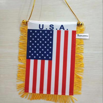 China CAR USE TUYUANSU banners and new textile high quality satin flags with lamination small pennant with USA logo for car window flag for sale