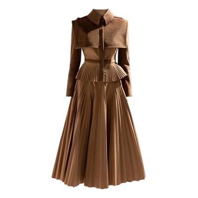 China Plus Size Tailor Shop Pleated Top Skirt Outfit Brown Wool Cashmere Suit Dresses For Occasion Fall Winter Formal Outfit for sale