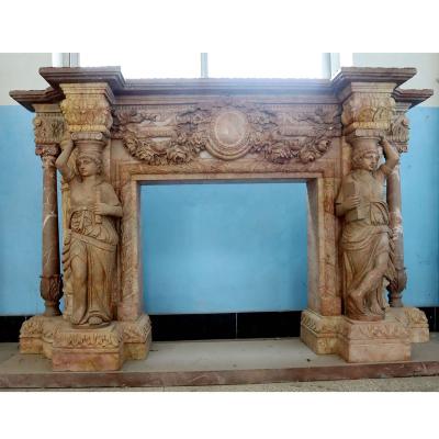 China Modern warm natural marble surround handmade carved fireplace mantel for sale