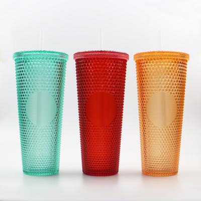 China Custom Color 24oz Double Wall Viable Bap Free Plastic Studded Tumbler Cups With Straw Red Green Fast Delivery for sale